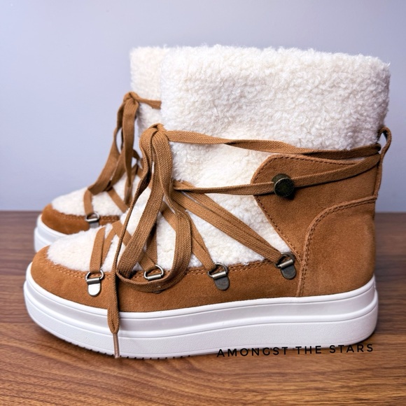 J/Slides Newbie Tan Suede Leather Faux Shearling Platform Booties Boots - Picture 8 of 10